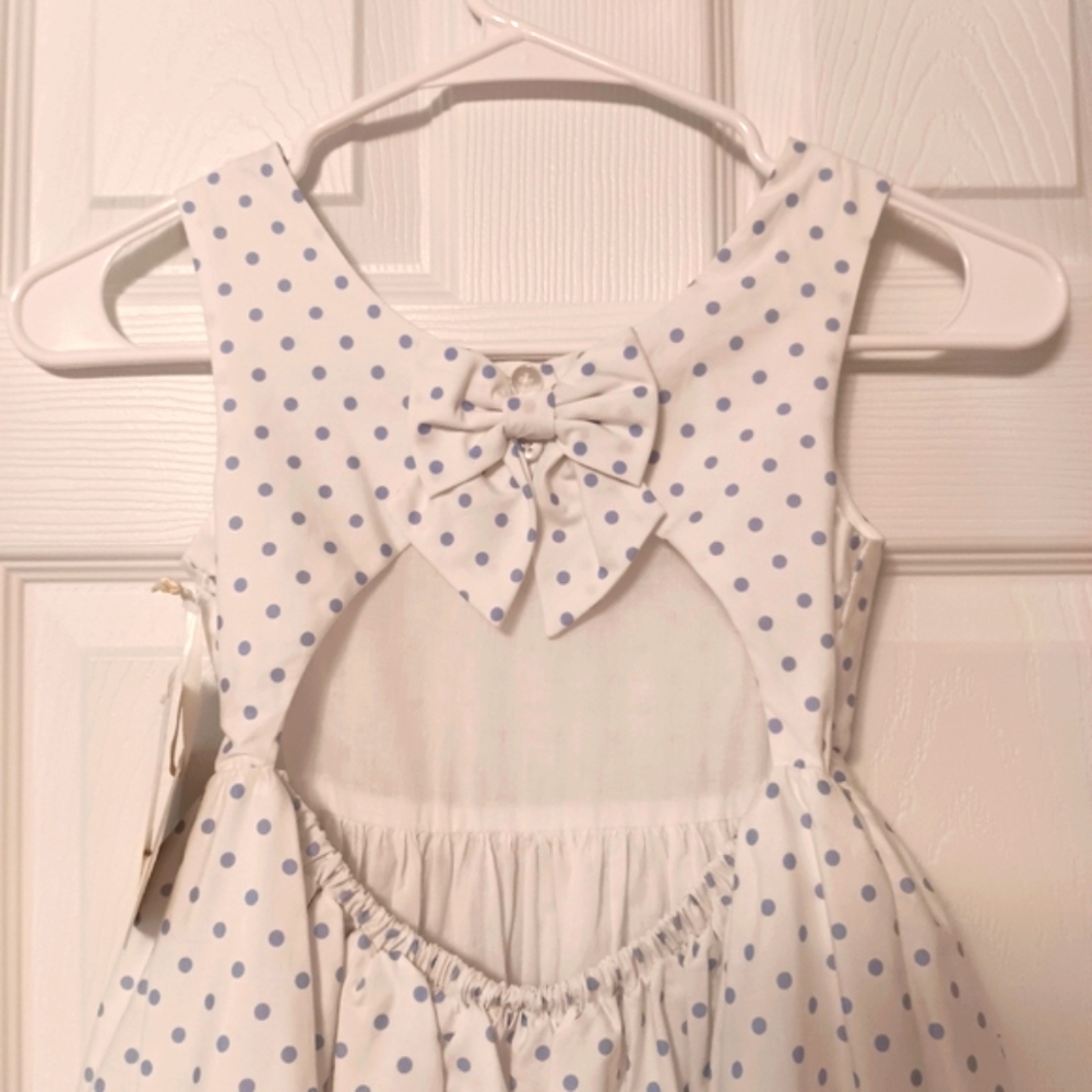 Laura Ashley Girls Polk-dot & Floral Blue & White Sleeveless Dress W/ Back Bow - Picture 7 of 9